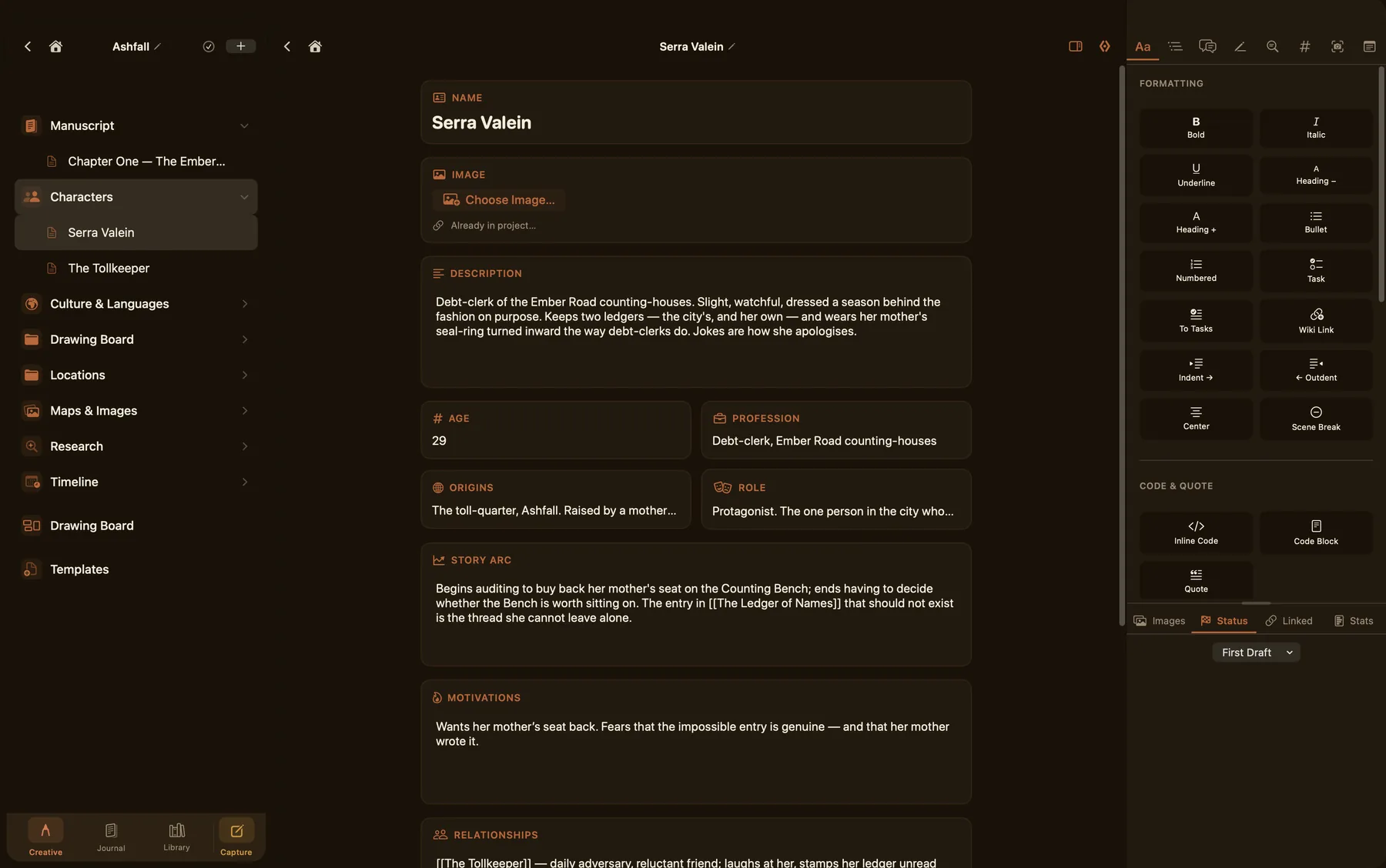 A structured character sheet in dark mode: name, image, description, age, profession, story arc, motivations and relationships