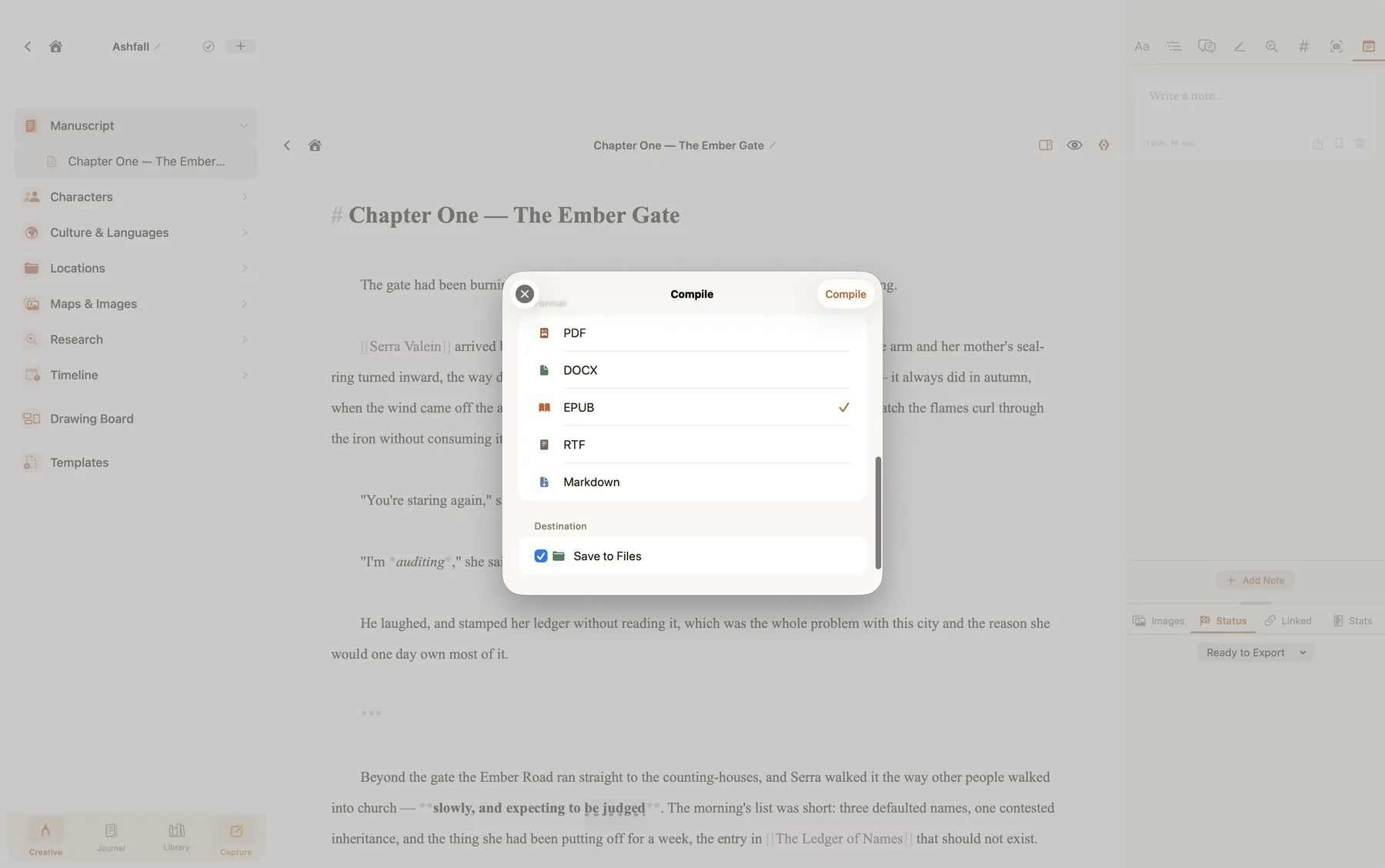 Compile a manuscript to PDF, DOCX, EPUB, RTF or Markdown on the Mac