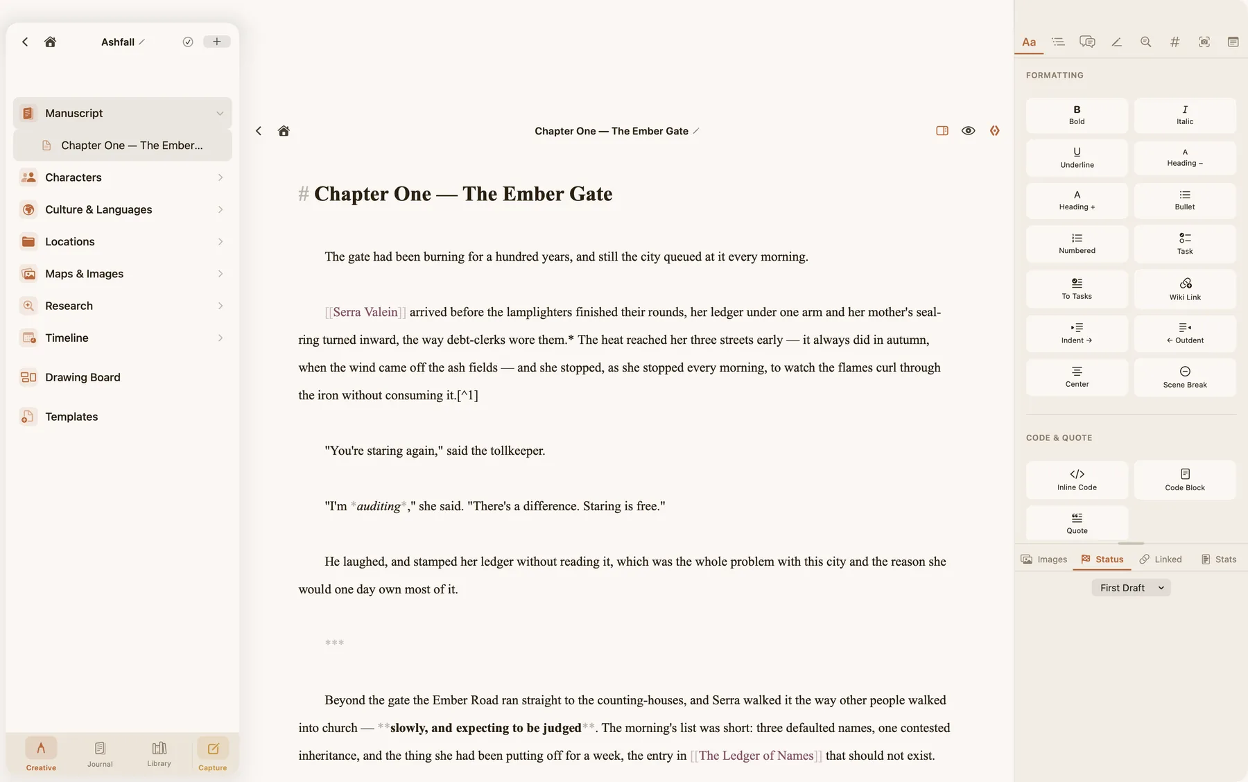 ConTexture on the Mac: a manuscript chapter open beside the project sidebar and the formatting panel