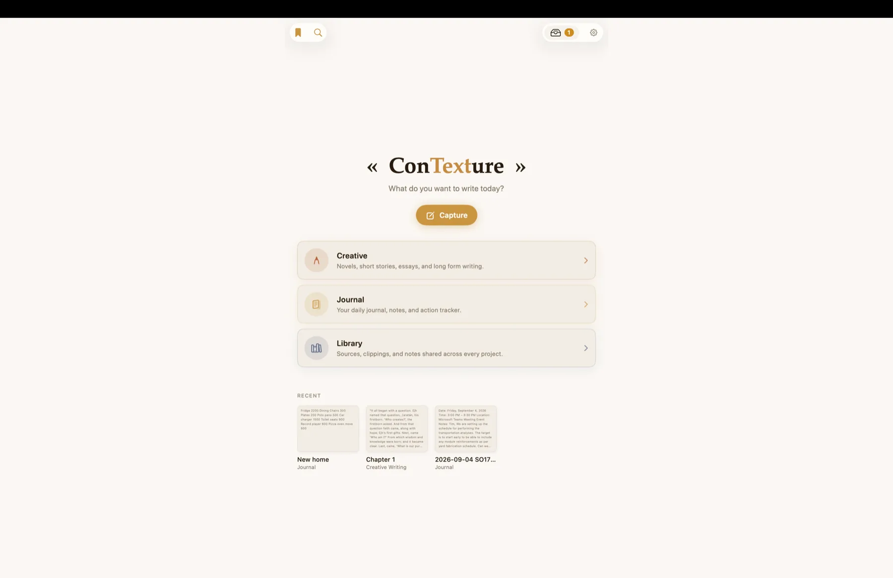 The ConTexture home screen: Capture under the title, Creative, Journal and Library, and a Recent strip of previews