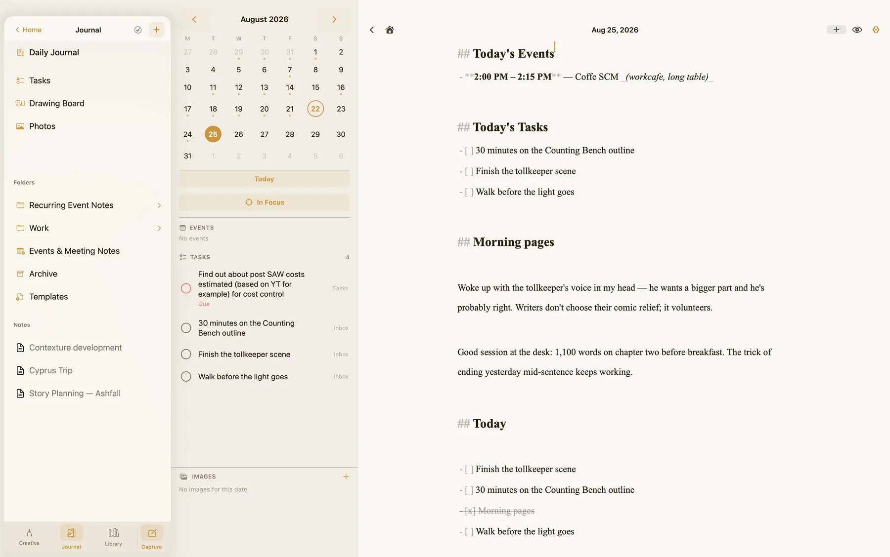 The Journal: calendar, events and tasks beside the daily note