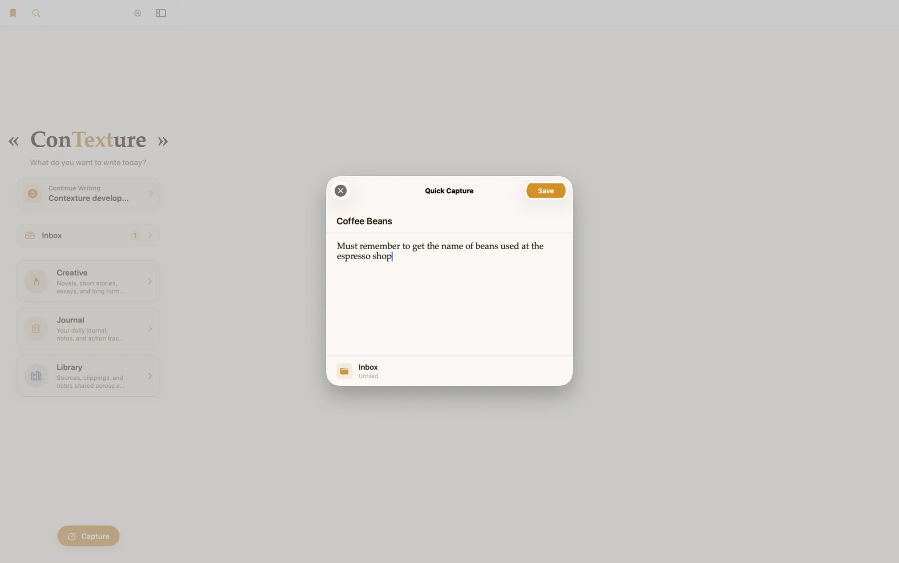 Quick Capture sheet saving a note to the Inbox